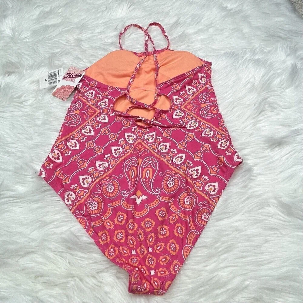 NEW HOBIE High Neck Halter One Piece Girls Size 16 Swimsuit Swimwear Pink